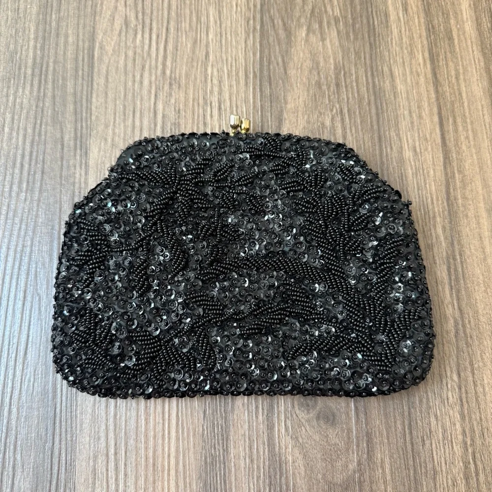 VTG Handmade Black Beaded Clutch‎ Made in British Hong Kong *READ*